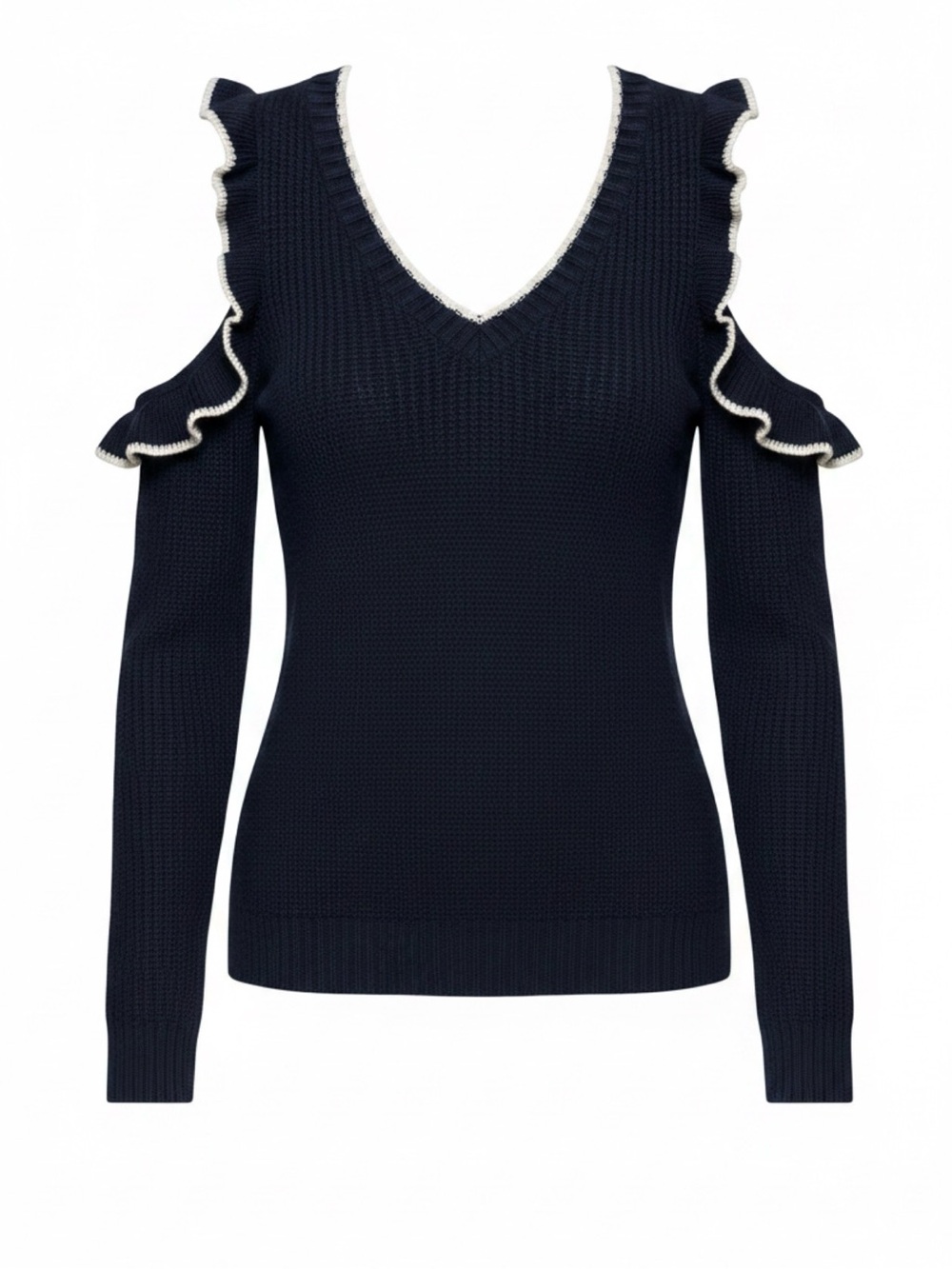 Venus Cold-Shoulder Ruffle V-Neck Sweater - Navy